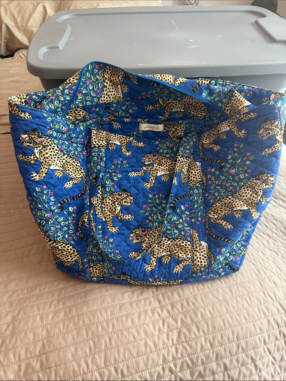 Blue Quilted Tote Bag with Leopard Print